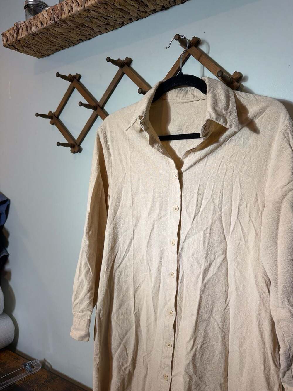 Unbranded Beige Cotton Linen Button Down Long Sleeve Shirt Dress, Size S